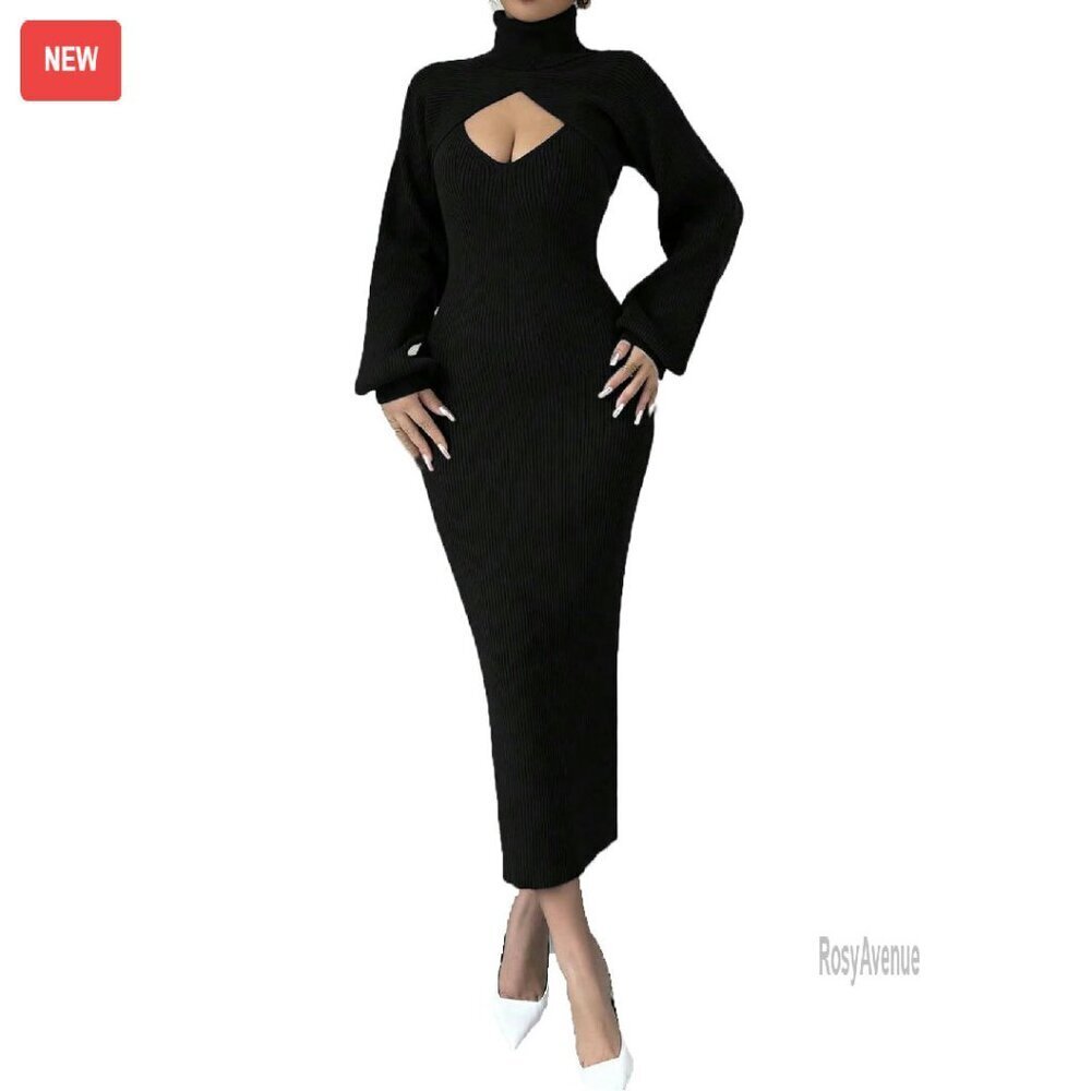 Two Piece Turtleneck Shrug & Spaghetti Strap Bodycon Dress Set